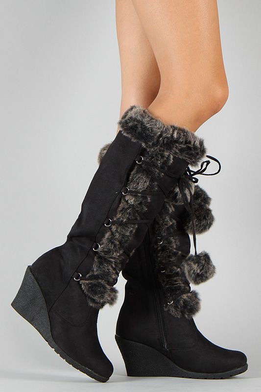 California Pom Pom Fur Lace Up Wedge Boot. Fuzzy boots for fall .