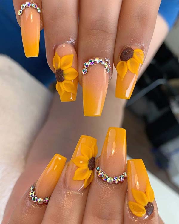 Sunflower nail design with rhinestones - Trendy Pi