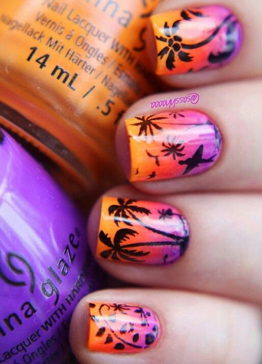 Tropical sunset nail art, palm trees | Tropical nail art, Palm .