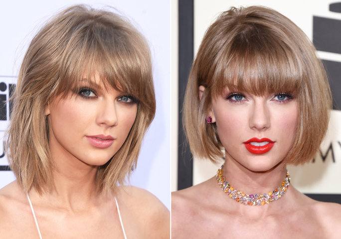 Taylor Swift Debuts a Bob with Bangs on the Grammys Red Carpet .