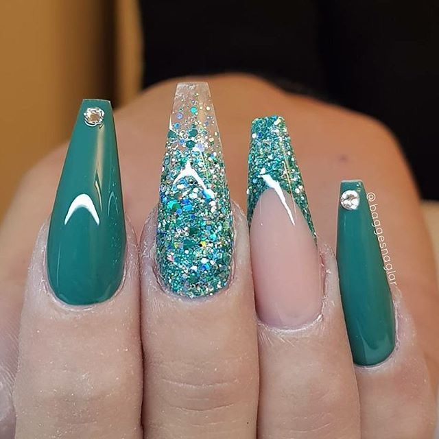 Coffin teal green shiny nail design with teal green glitter french .