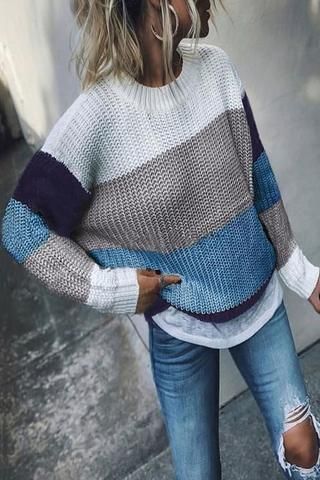 Women's Casual Round Neck Shoulder Sleeve Coloring Sweater .