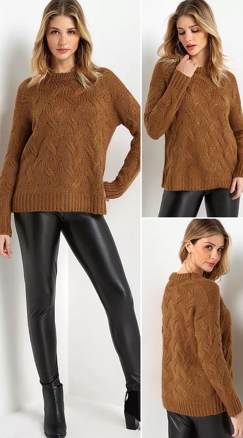 Brown Crew Neck Long Sleeved Cable Knit Sweater - US$33.99 in 2020 .