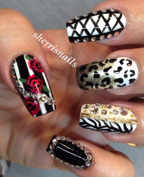 Corset, roses, stripes, animal print nail art | Corset nails .