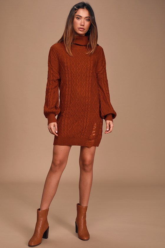 Cozy Rust Red Sweater Dress - Turtleneck Dress - Cable Knit Dre