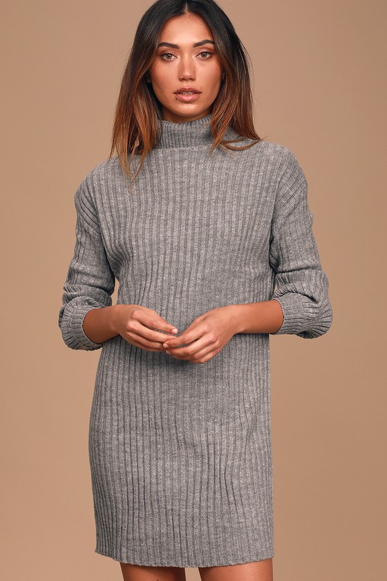 Cozy Heather Grey Sweater Dress - Turtleneck Sweater Dre