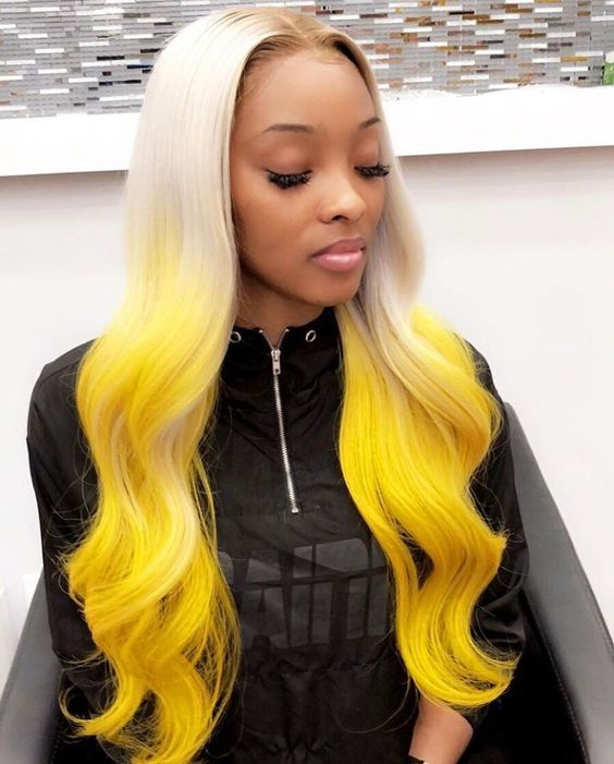 13*6 Lace Frontal Synthetic Wigs Platinum Blonde with Yellow Ombre .