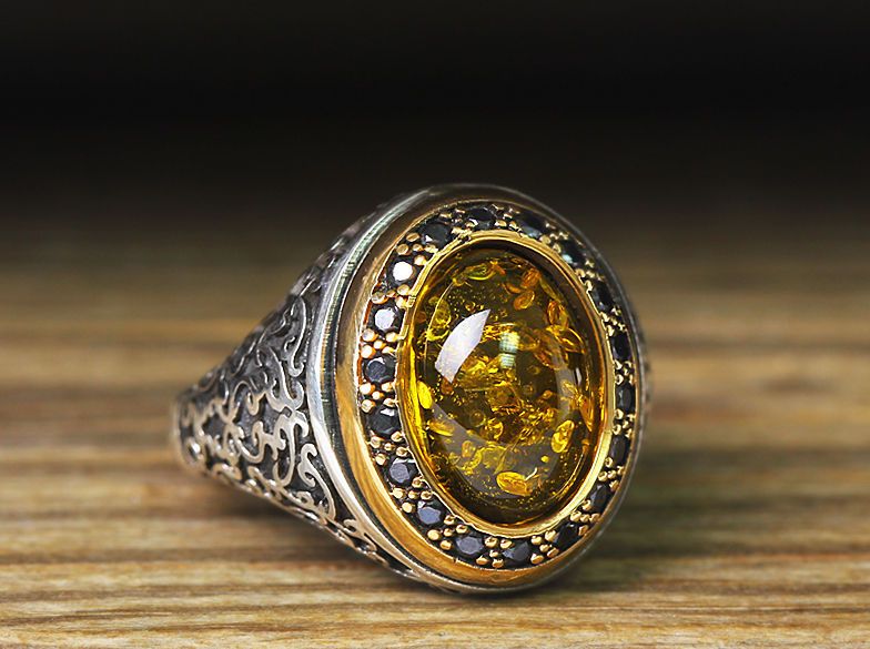 925 K Sterling Silver Man Ring Yellow Amber 10,75 US Size B23 .