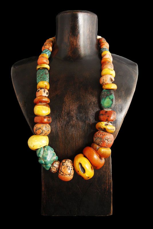 Antique Turquoise Coral and Amber Beads Necklace - London Coin .