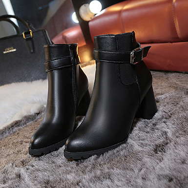 Women's Black Engineered Leather Ankle Boots with Straps and Buckl