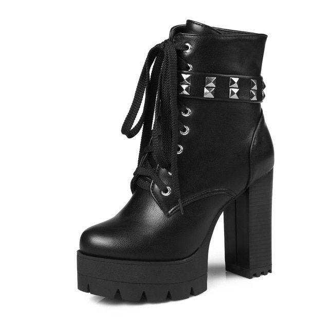 PXELENA Vintage Rivet Punk Rock Gothic Ankle Boots Women Thick .