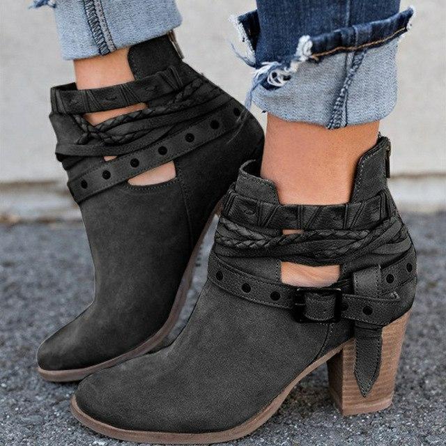 Vintage Ankle Boots Women Mid Heels Fashion Buckle Strap Punk Red .