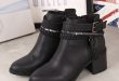 Women's Black Ankle Boots with Buckles and Rhinestone Tr