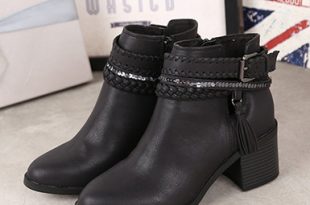 Women's Black Ankle Boots with Buckles and Rhinestone Tr