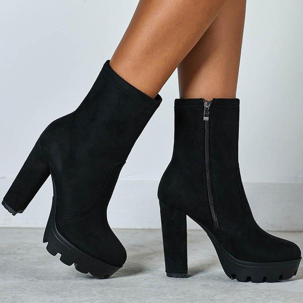 Black Chunky Heels Ankle Boots For Wom