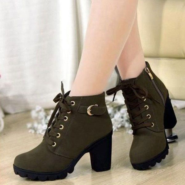 Women Girl High Top Heel Ankle Boots Winter Pumps Lace Up Buckle .