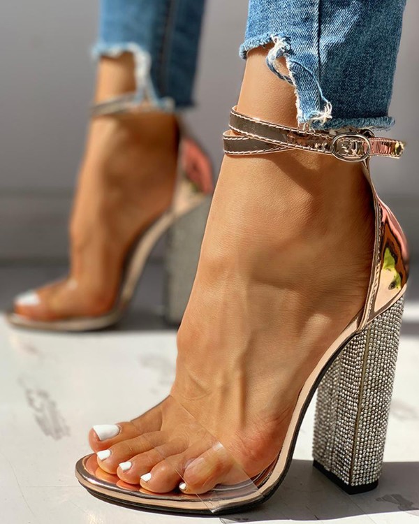 Diamante Trim Ankle Strap Chunky Heeled Sandals Online. Discover .
