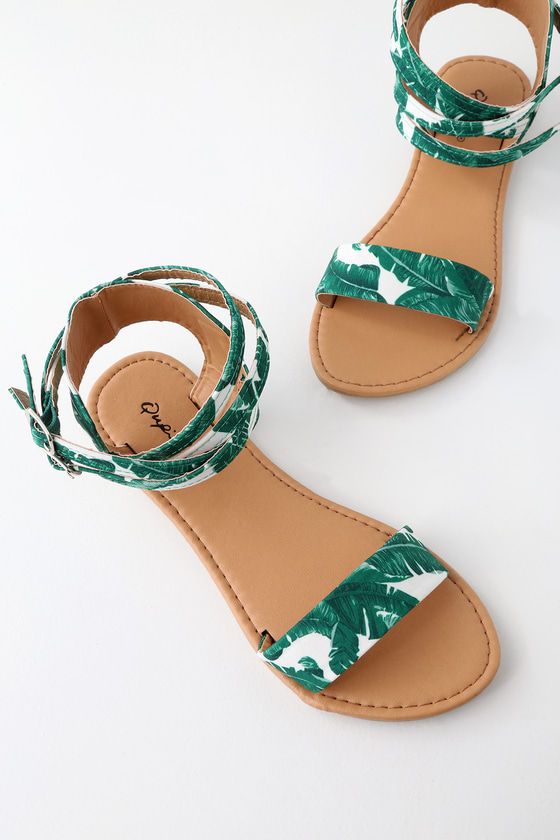 Seaview Green and White Tropical Print Ankle Strap Flat Sandals .