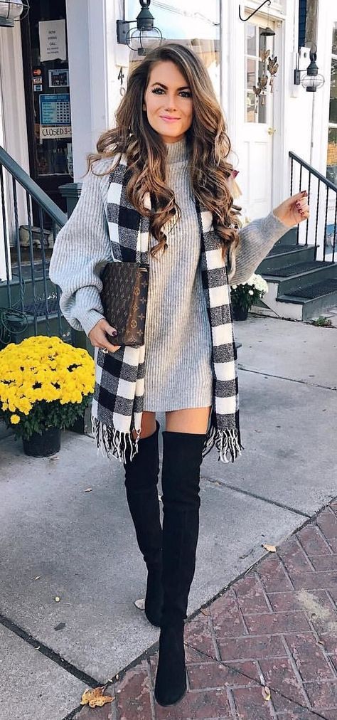 fall #outfits women's gray turtleneck sweater; black thigh-high .