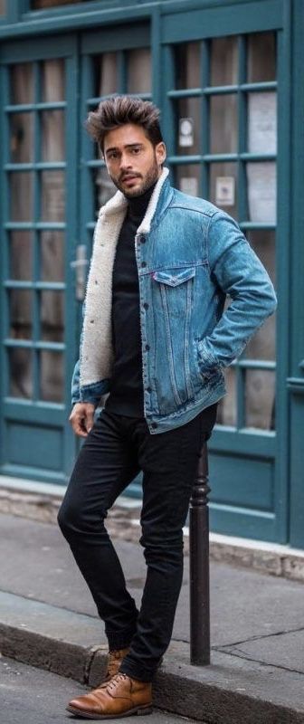 Fall combo inspiration black turtleneck sweater denim shearling .