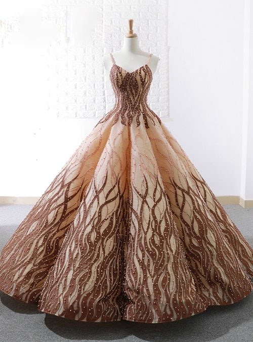 Brown Vintage Ball Gown Spaghetti Straps Wedding Dress With Pearls .