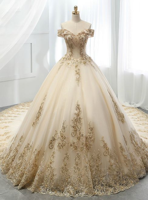 Champagne Ball Gown Tulle Gold Lace Appliques Wedding Dress | Ball .