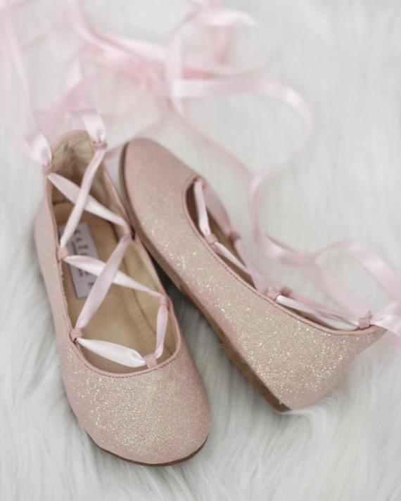 PINK fine glitter ballerina flats with satin ribbon lace up .