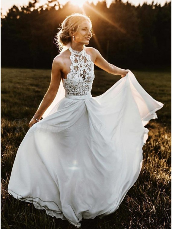 Romantic A-Line Halter Sleeveless Chiffon Beach Wedding Dress with .