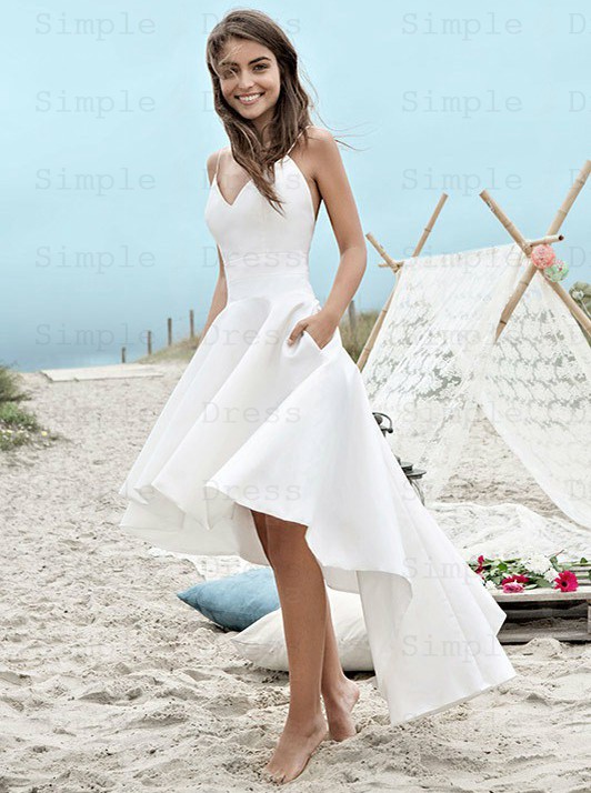 High Low Backless Satin Simple Beach Wedding Dress with Pockets .