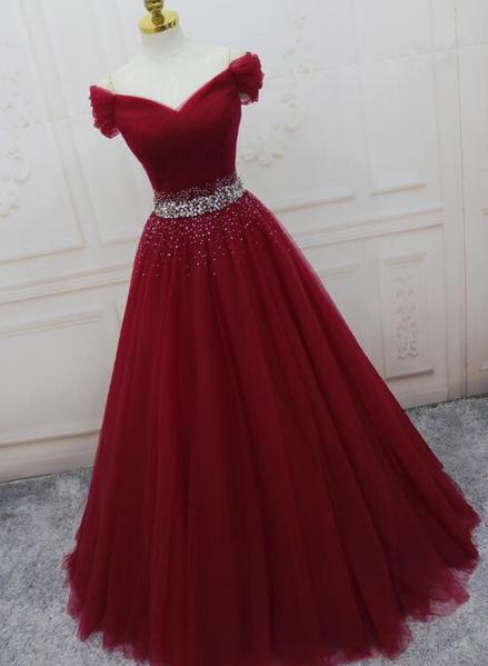 Beautiful Dark Red Tulle Beaded Long Prom Gown, Off Shoulder Prom .