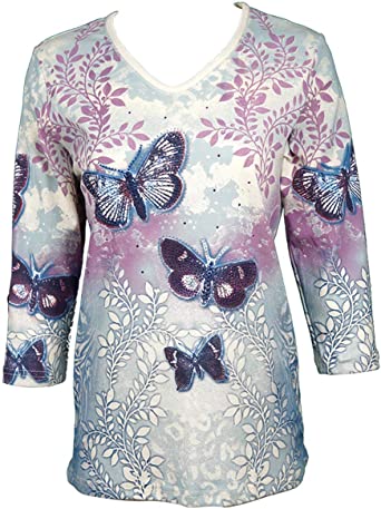 Cactus Bay Butterfly Horizon, 3/4 Sleeve, V-Neck, Rhinestone .