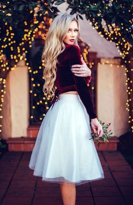 Velvet top and white skirt | Christmas fashion outfits, Christmas .