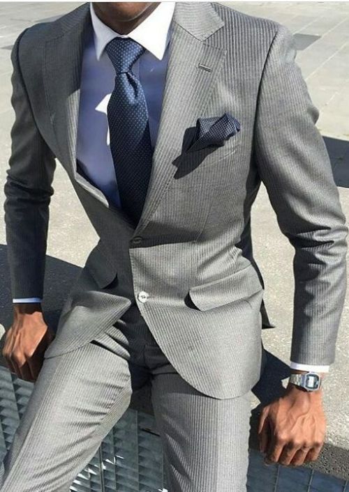 Men's grey suit with blue shirt and matching blue tie. #business .