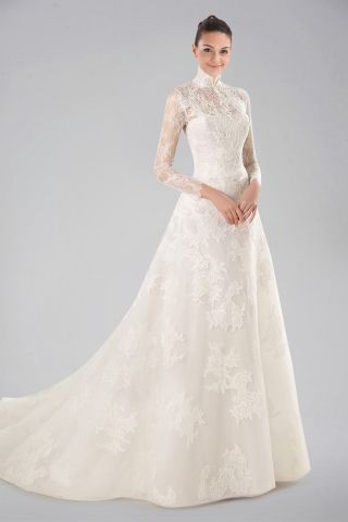 Stunning High Collar Wedding Dress with Lace Overlay and Long .