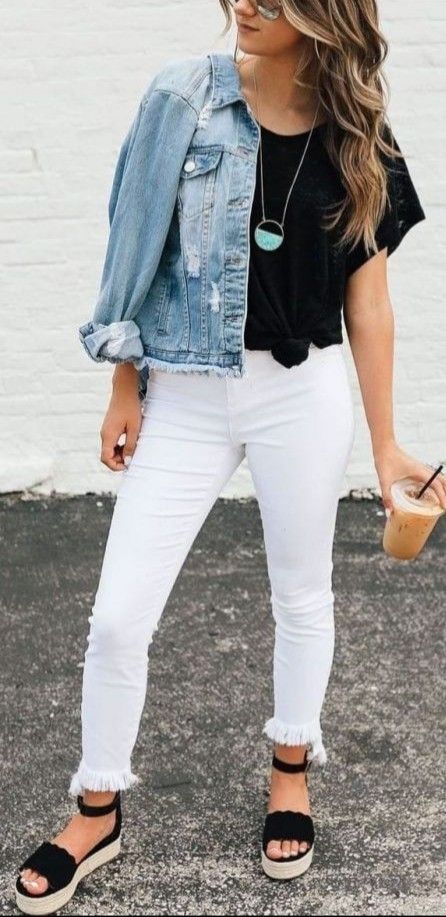 denim jacket and white jeans | Cute casual outfits, Fashion .