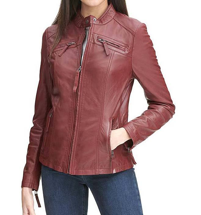 Red Casual Leather Motorcycle Jacket For Wom