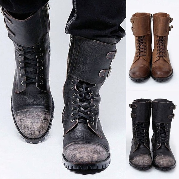 Military Vintage Biker Boots for Men Fashion Double Buckle Leather .