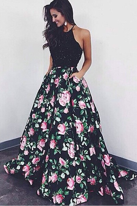 High Quality Halter Ball Gown Floral Backless Black Long Prom .