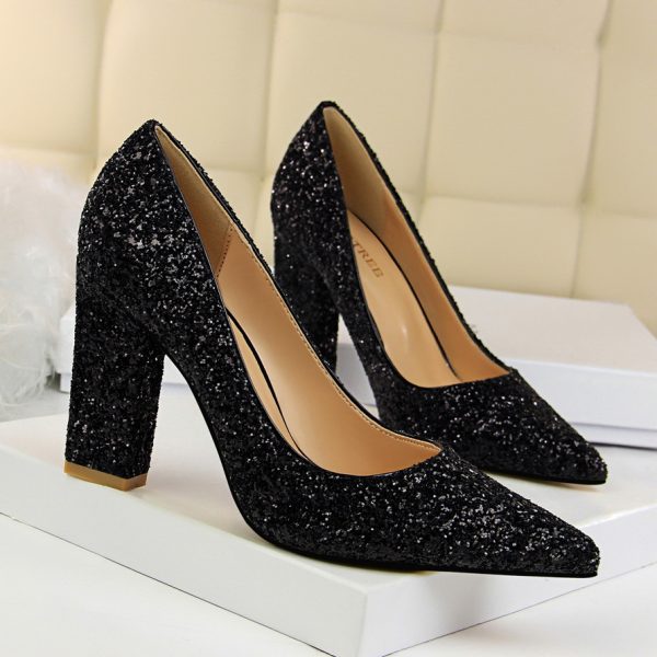 Black Sequins Womens Fashion Block Heel Pumps Shoes - Heels