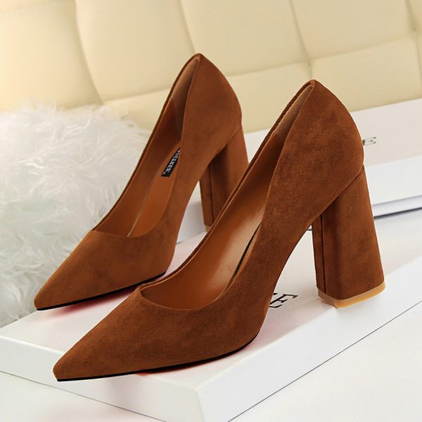 Wine Suede Womens Fashion Block Heel Pumps - Heels