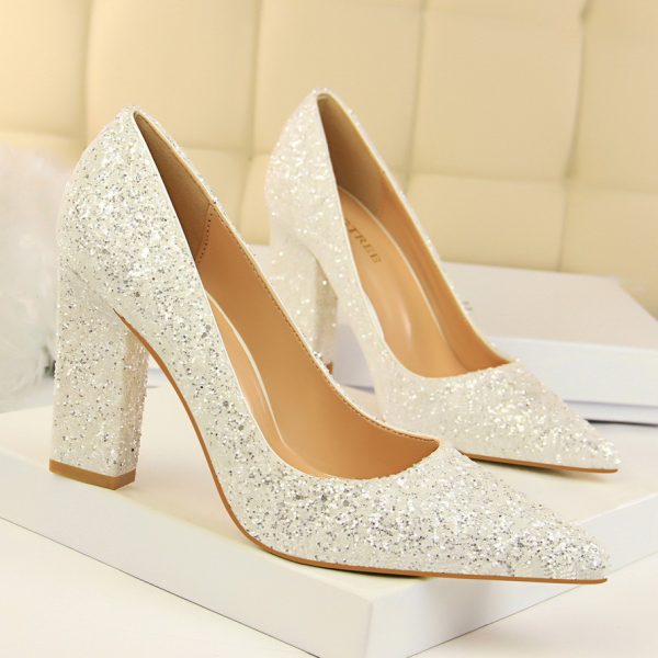 White Sequins Womens Fashion Block Heel Pumps Shoes - Heels