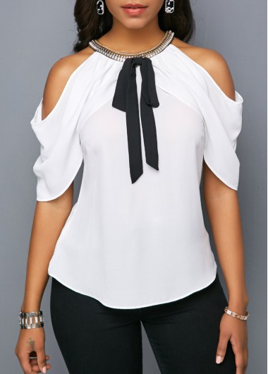 Embellished Neck Bowknot Detail Cold Shoulder Blouse | Trendy tops .