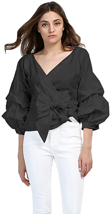 AOMEI Women Spring Summer Blouses with Puff Sleeve Sashes Shirts .