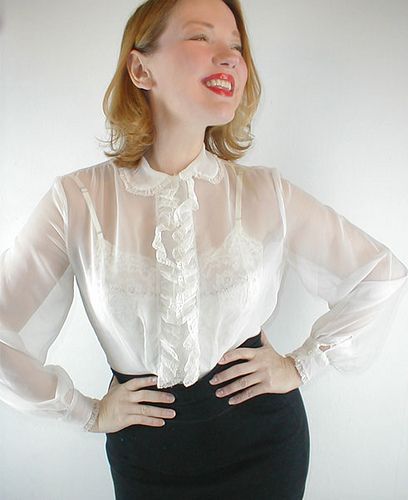 50s sheer white ruffled blouse | Ruffle blouse, Sheer white blouse .