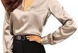 Amazon.com: Womens Satin Blouses Ladies Shirt Casual V Neck Long .