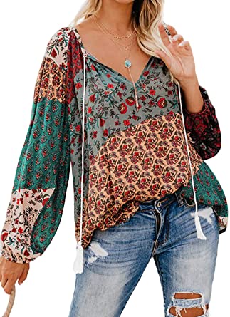 FARYSAYS Women's Casual Boho Floral Print V Neck Long Sleeve .