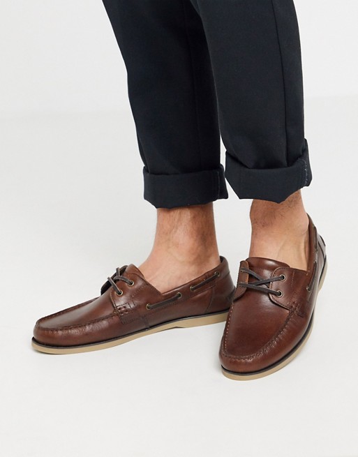ASOS DESIGN boat shoes in tan leather with gum sole | AS
