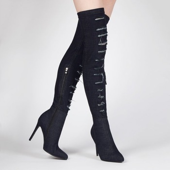 Ripped Denim Long Boots For Women Thigh High Boots High Heeled .