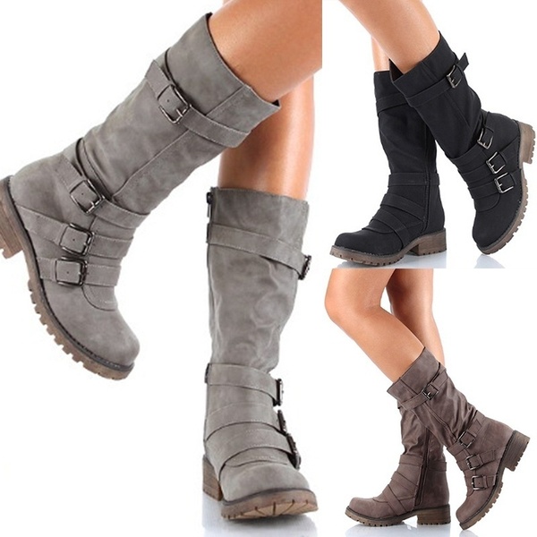 Combat Buckle Riding Mid Calf Boot Flat Boots Knee High Buckle .