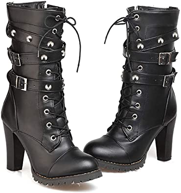 Amazon.com | Susanny Women's Mid Calf Leather Boots High Heel Lace .